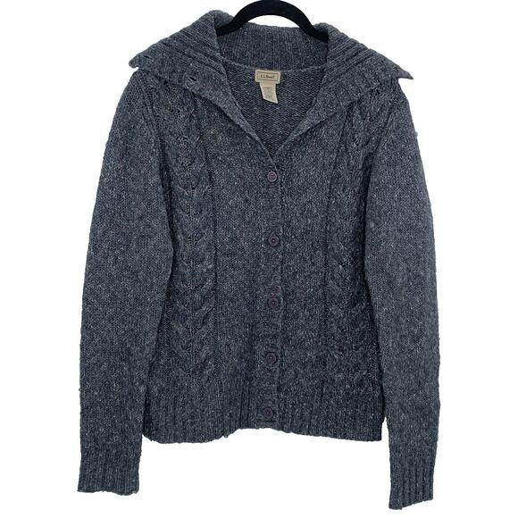 LL BEAN Cardigan Small Blue Wool Blend Marled Cable Knit Sweater Button VTG EUC - Picture 1 of 9